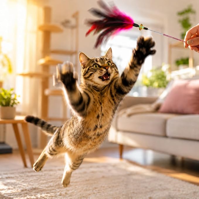 Cat Feather Wand Toy Set – 5 Different Feather Styles in One Pack – Interactive Wand Toys for Indoor Cats and Kittens – Durable Spring Design for Engaging Playtime