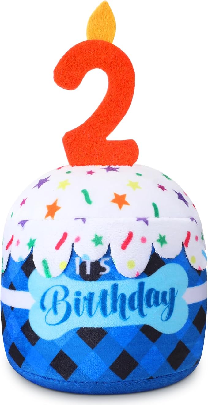 Dansydaisy Dog Birthday Cake Toy Squeaky Plush Toy for Girl Boy Gifts, Chew Accessories for Dog Birthday Party Decor Favor for Large, Medium and Small Dogs(2nd,Blue Grid)