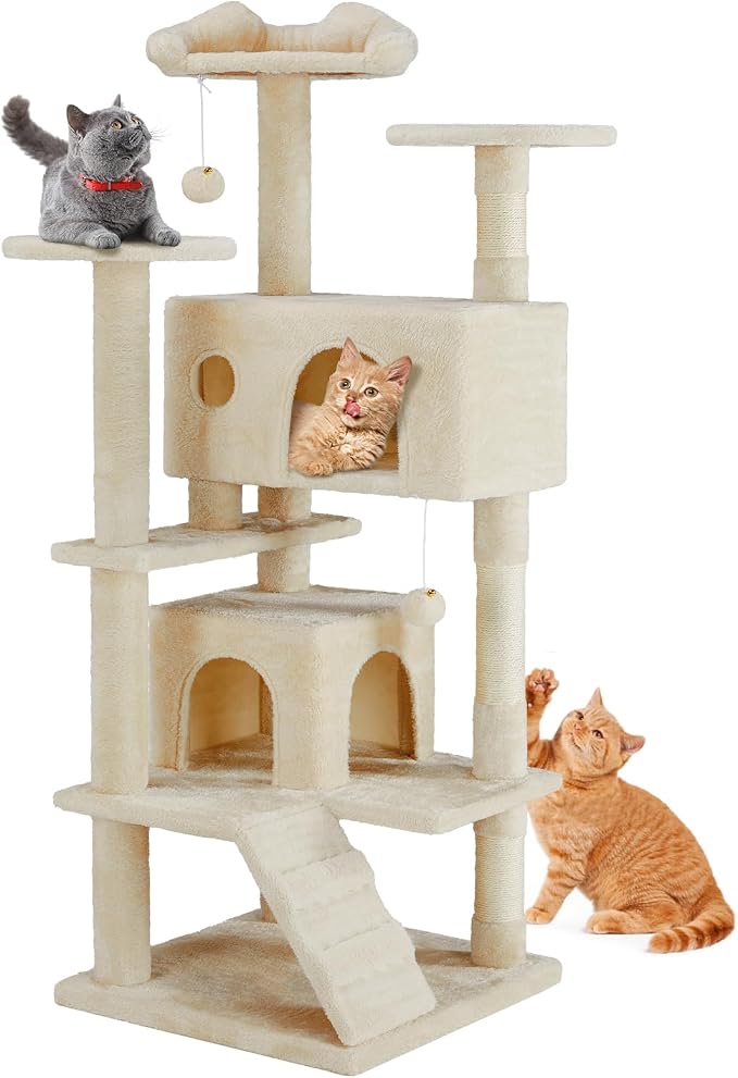 DUMOS 54 Inch Cat Tree Tower with Scratching Posts | Indoor Multi-Level Pet House for Large Cats with 2 Condos, Round Platform, Small Ladder and Toys, Beige