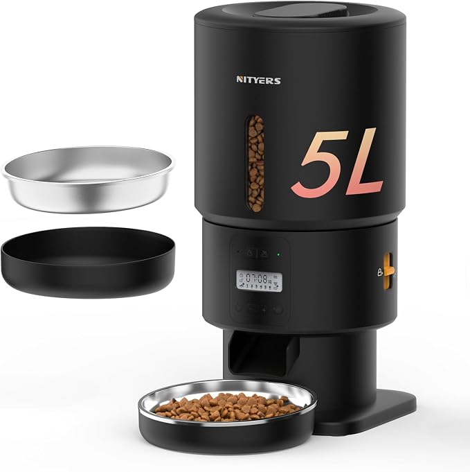 Automatic Cat Feeder - 5L Anti-Clog Cat Food Dispenser Keeps 2-15mm Dry Food Fresh, 10s Voice, 1-6 Meals/Day, Programmable Portions, 180-Day Battery Life, Easy to Clean Auto Pet Feeder for Small Dog