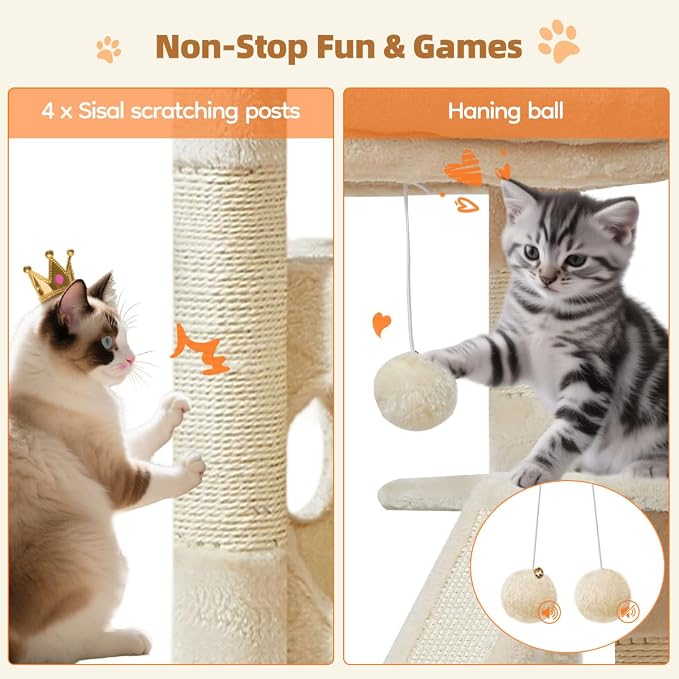 Taoqimiao Cat Tree, 38.5In Cat Tower for Indoor Cats, Suitable for Kittens | Thick Padded Top Perch, Luxurious Cat Condo, Adjustable Basket, 1-Piece Ramp Scratcher, 3 Natural Sisal Posts, Beige, MS029SM