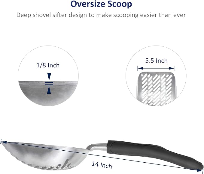 WePet Cat Litter Scoop, Aluminum Alloy Sifter, Kitty Metal Scooper, Deep Shovel with Diagonal Sifting Hole, Long Handle, Kitten Poop Lifter for Litter Box, Large Size, Black Handle