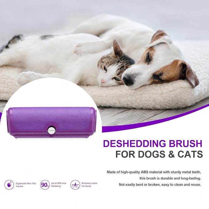 Dog and Cat Deshedding Brush for Short Hair Pets, Purple | Metal shedding blade for loose fur, short to medium coats and daily grooming