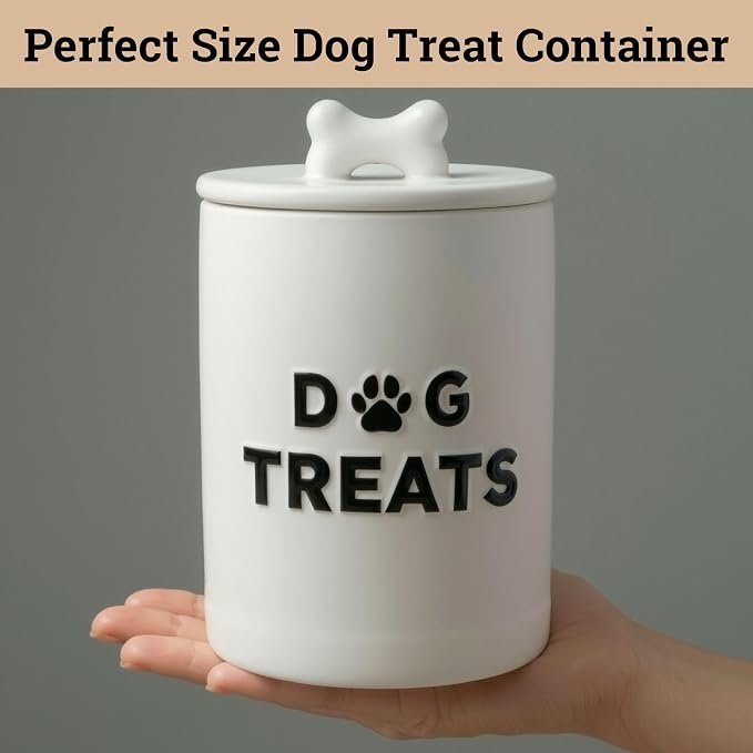 Ceramic Dog Treat Container Airtight - Ceramic Lid - 4 Cups - 4.3"W x 6.6"H | Airtight Ceramic Lid, Ceramic Bone Handle, Food Safe, Easy to Wash, Sturdy, Dishwasher Safe, Raised Design, 4 Cup Capacity