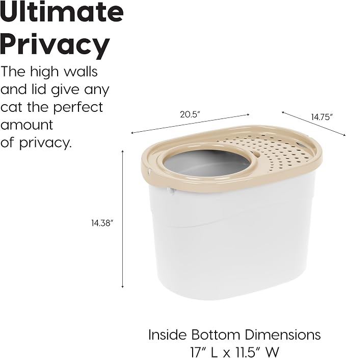 IRIS USA Large Top Entry Cat Litter Box with Lid, Enclosed Covered Cat Litter Box for Indoor Cats, Dog Proof Design, Odor Control, Litter Tracking Reduction, Scoop Included, White/Beige
