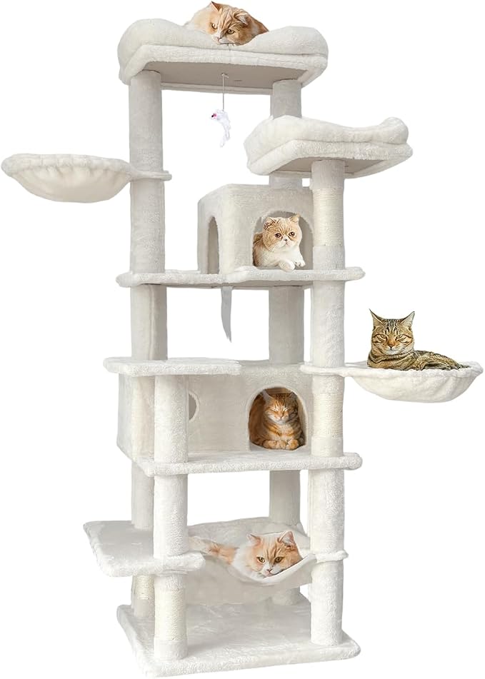 Beige 68 Inches Multi-Level Large and Tall Cat Tree Tower for Indoor Cats/Removable Pad/Cat Condo/Sisal Scratching Posts/Hammock/Cat Activity Center/Wide Base,White
