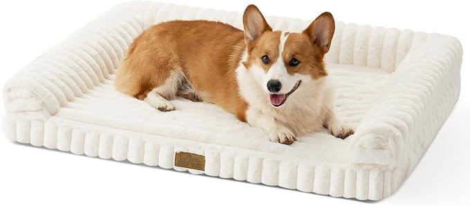 COZY KISS Ultra Soft Faux Rabbit Fur Dog Bed for Medium Dogs – 36"x27" Orthopedic Foam Couch, Removable Washable Cover & Waterproof Lining, Cream