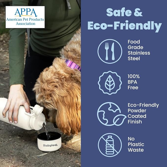 Dog Water Bottle for Dog Lovers - 32 oz Stainless Steel Double Wall Insulated Water Bottle with 8 oz Detachable Bowl on Bottom for Doggy Lovers for Hiking, Walks, Travel - Cream