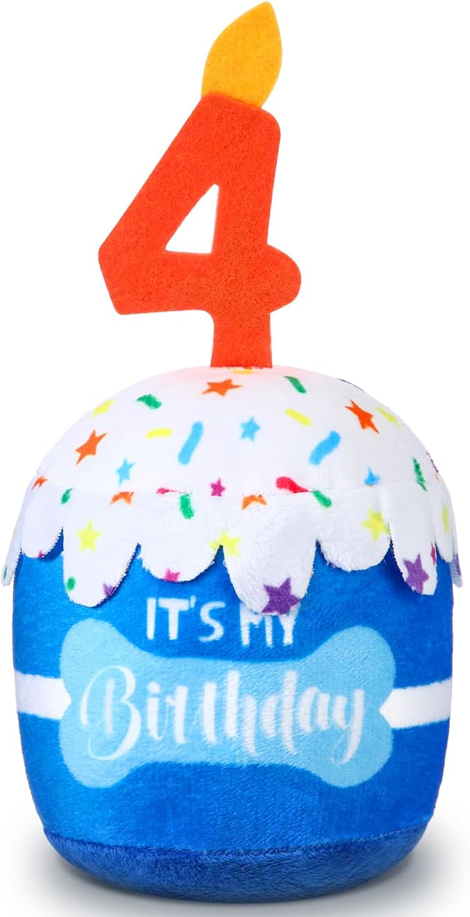 Dansydaisy Dog Birthday Cake Toy Squeaky Plush Toy for Girl Boy Gifts, Chew Accessories for Dog Birthday Party Decor Favor for Large, Medium and Small Dogs(4th,Blue)