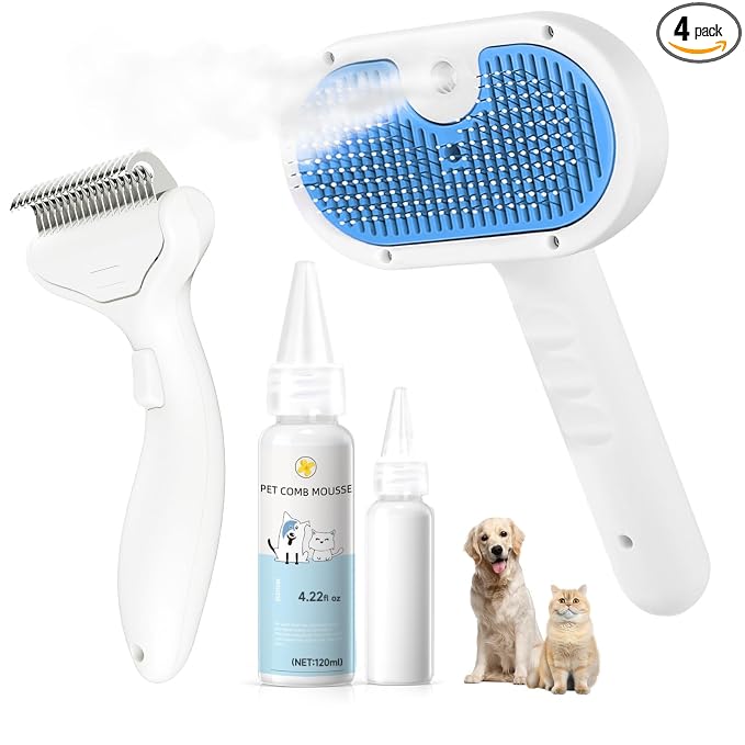 Pet Steam Brush for Dog & Cat - 3-in-1 Steam Grooming Slicker Brush & Undercoat Rake for Shedding - Self Cleaning Spray Comb with Mist for Long & Short Haired Pets - Includes Waterless Shampoo, Blue