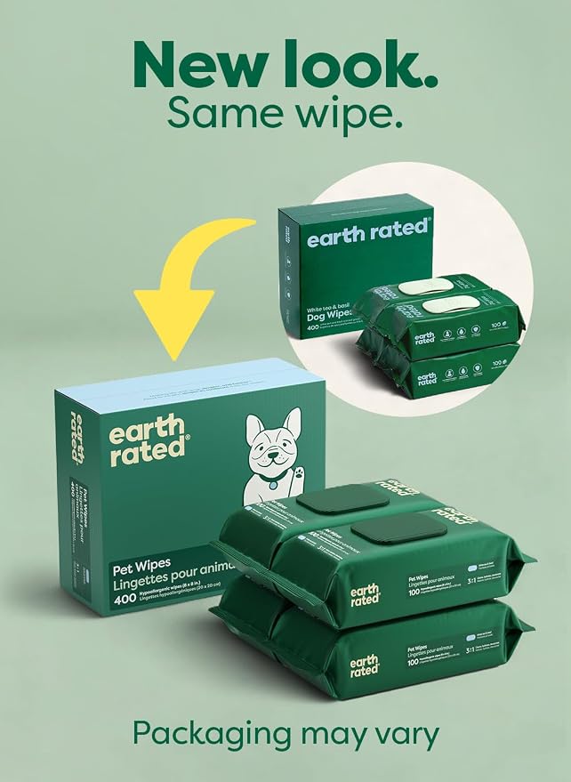 Earth Rated Dog Wipes for Paws & Butt, Deodorizing, White Tea & Basil 400ct | Hypoallergenic, 3-in-1 Cleaning and Hydrating, for Grooming Paws, Body and Butt