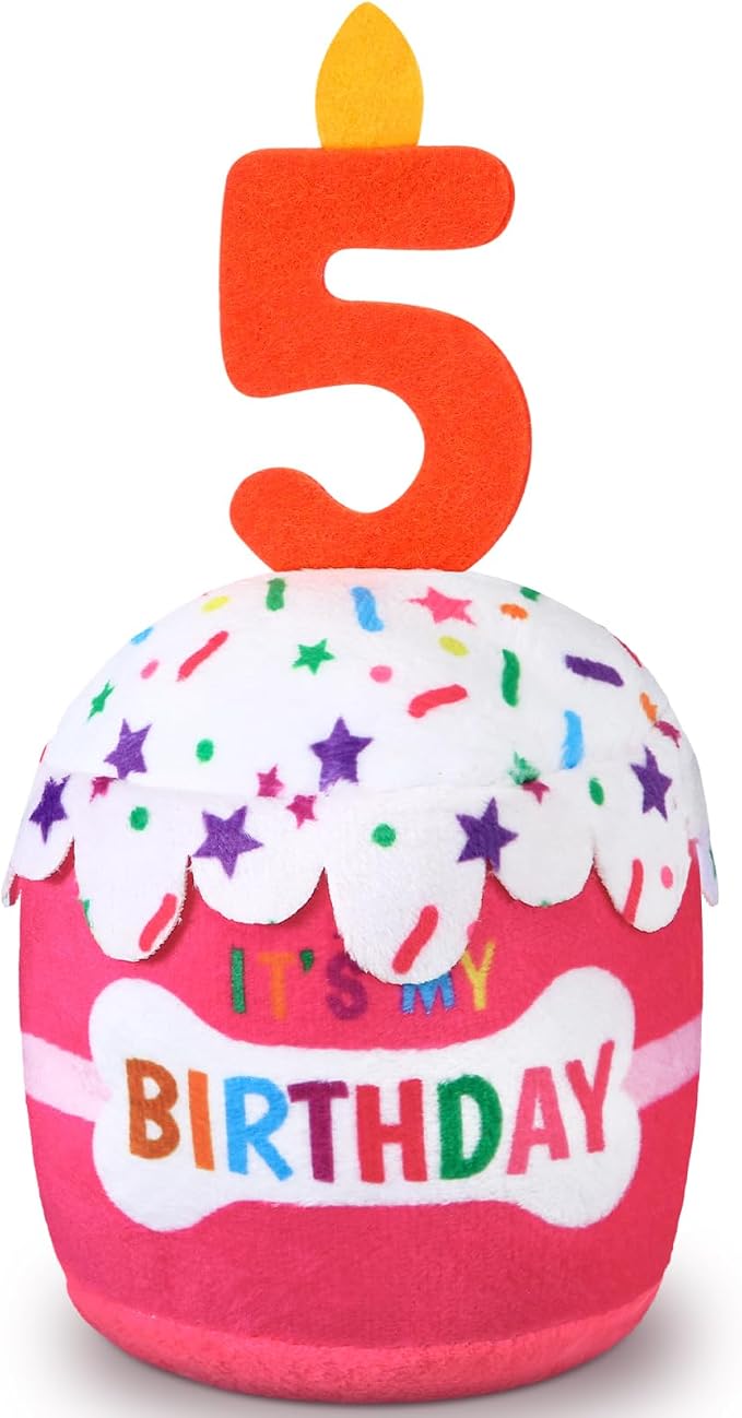 Dansydaisy Dog Birthday Cake Toy Squeaky Plush Toy for Girl Boy Gifts, Chew Accessories for Dog Birthday Party Decor Favor for Large, Medium and Small Dogs(5th,Pink)