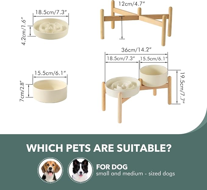 Havniva 7.3” Raised Slow Feeder Dog Bowls Set, 1.2 Cups Ceramic Slow Feeder Dog Bowl and 6.1” Dog Water Bowl with Elevated Wooden Stand Puzzle Dog Food Bowl for Small Dogs Anti-Gulping & Anti-Choking
