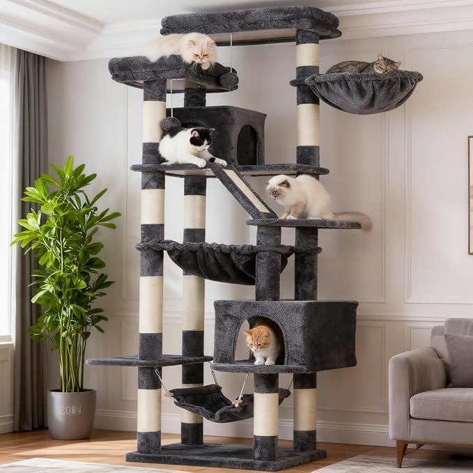 Heybly Cat Tree, 71-Inch-Tall Tower for Indoor Cats with 2 Perches HCT034G | Large Cat Furniture with 2 Big Condos, 2 Hammocks, Basket, Scratching Pad, Multi-Level Cat Condo, Smoky Gray