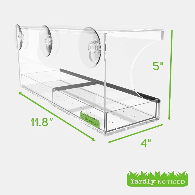 Window Bird Feeder with Strong Suction Cups – Clear Acrylic See Through Design, Removable Tray with Drain Holes, Extra Wide Perch for Viewing, Window Mounted for Cats, Balcony Apartment Bird Watching