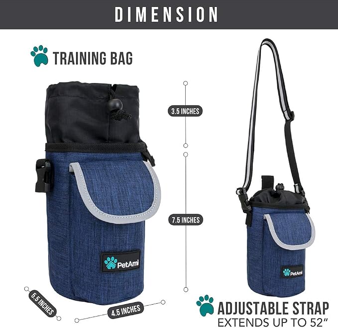 PetAmi Dog Treat Pouch, Large Hands-Free Training Bag, Navy Blue | Built-In Poop Bag Dispenser, Holds 3 Cups Of Treats, 4 Ways to Wear, D-Ring, Reflective Strap, Dog Treat Bag for Walking