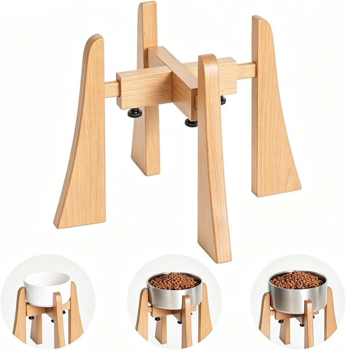 Solid Wood Elevated Dog Bowl Stand with Adjustable Width, 10-Inch Raised | Fits 6.3-7.8 Inch Dog Food & Water Bowls, Non-Slip Base, Ergonomic Design for Corgis, Beagles, Medium Breeds, Stand Only