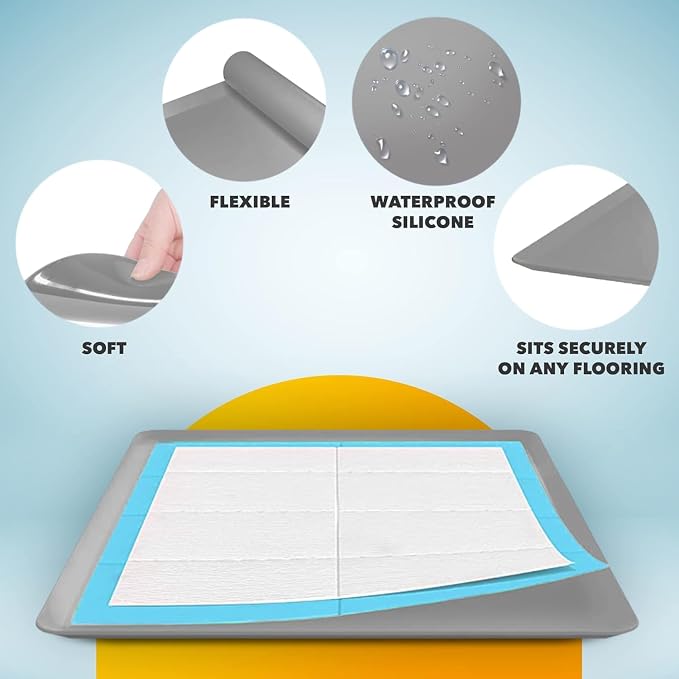 TidyFriend Dog Pee Pad Holder Tray - Fits Up to 24” x 24” Pee Pad Holder for Dogs - Stable Grip, Raised Edges, Quick-Wipe Silicone Surface Dog Pad Holder for Indoor Flooring Protection (Light Grey)