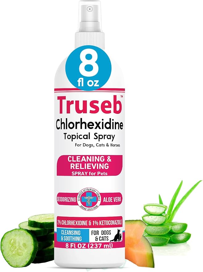 Truseb Advanced Strength Medicated Chlorhexidine for Dogs Cats Horses Skin Spray with Aloe Vera - Medicated Ketoconazole Spray for Skin Irritation, Hot Spots, Redne (Medicated Ketoconazole Spray, 8oz)