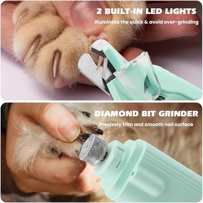 2-in-1 Dog Nail Grinder & Dog Nail Clippers Trimmers, Dogs Trimmer with LED Light + Splash Guard + Storage Case, Pet Claw Clippers for Dogs Cats, USB Rechargeable (Green)