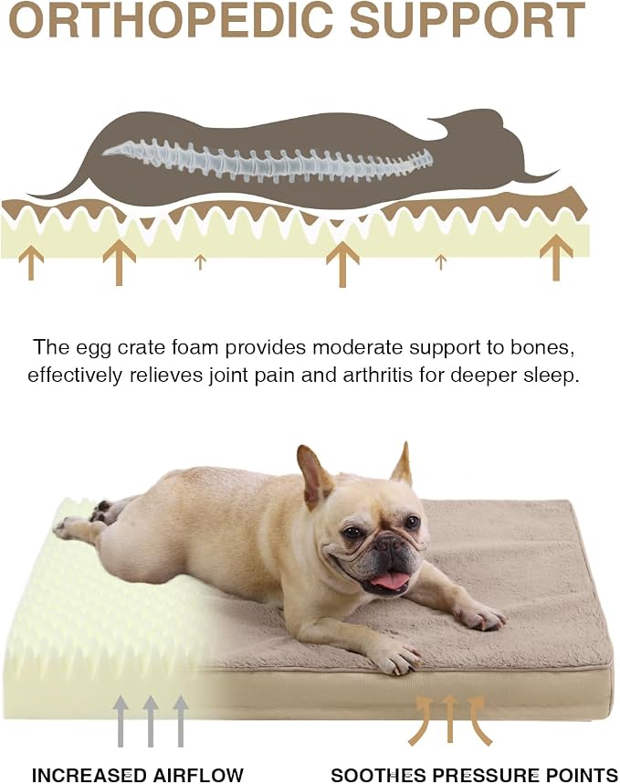 KSIIA Orthopedic Dog Bed for Medium Dogs with Waterproof Lining,Khaki,29x18 | Deluxe Soft Plush Dog Crate Bed, Washable Pet Mat with Removable Cover & Egg Crate Foam for Medium Dogs Sleeping & Relaxing