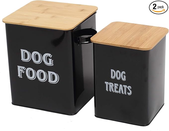 Pethiy Dog Food and Treats storage tin Containers Set with Scoop for Dogs-Tight Fitting Wood Lids-Coated Carbon Steel-Storage Canister Tins-Black