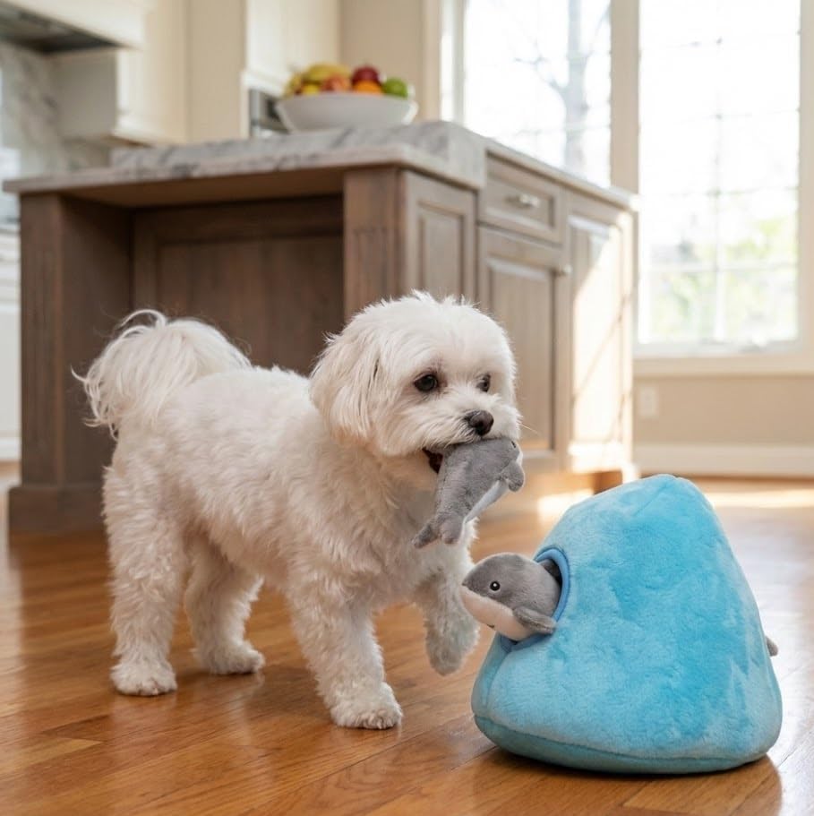 MODERN WAVE - Interactive Squeaky Plush Hide and Seek Squirrel Type Puzzle Toy for Dogs, Medium Size (Ocean and Dolphins)