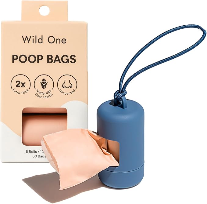 Wild One Dog Poop Bag Holder and Dispenser with Leash Attachment, Leak Proof, Easy Twist Top for Refills, Includes 1 Box Of Bags, Navy
