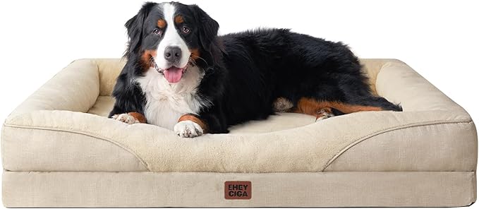 EHEYCIGA Orthopedic XXL Dog Bed for Large Sized Dog, 52x41 Inch Extra Large Memory Foam Dog Couch Bed with Sides, Waterproof Liner & Washable Removable Cover, Bolster Pet Sofa, Beige