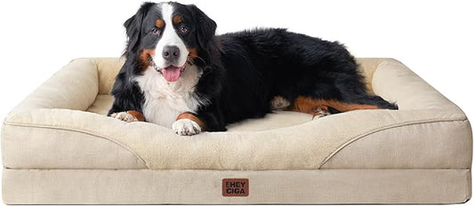 EHEYCIGA Orthopedic XXL Dog Bed for Large Sized Dog, 52x41 Inch Extra Large Memory Foam Dog Couch Bed with Sides, Waterproof Liner & Washable Removable Cover, Bolster Pet Sofa, Beige