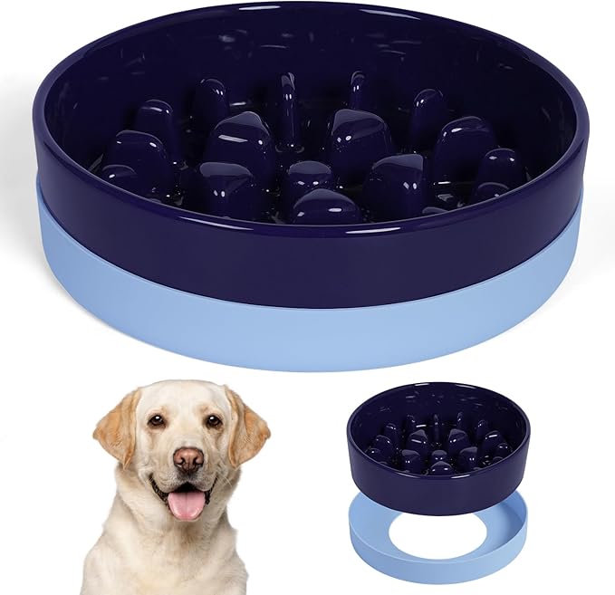 Sted Ceramic Slow Feeder Dog Bowls for Medium Large Breed, Slow Feeding Dog Bowl, Dogs Food Bowls for Fast Eaters, Puzzle Dogs Food Bowl with Silicone Base, Maze Blue