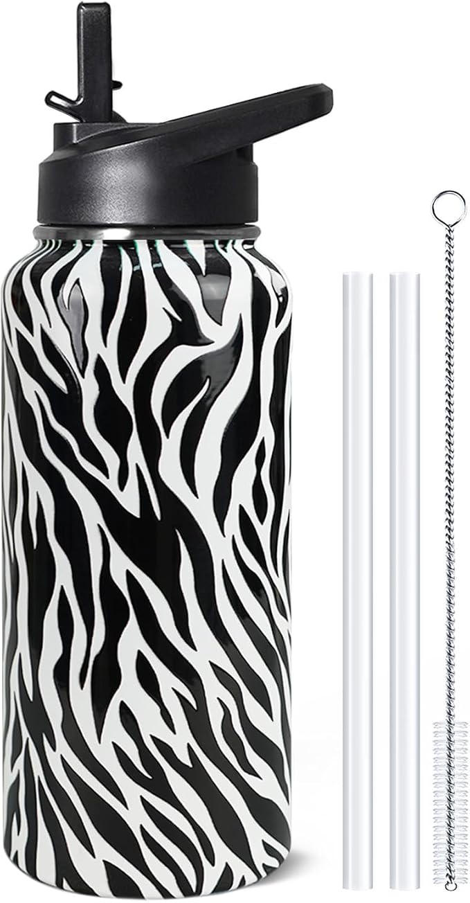 32 Oz Zebra Stripes Water Bottle With Handle, Flip Lid & Straw - Insulated Travel Coffee Mug, Animal Print Gifts for Women Men