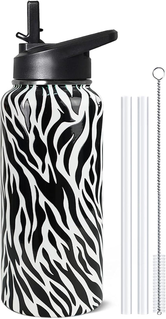 32 Oz Zebra Stripes Water Bottle With Handle, Flip Lid & Straw - Insulated Travel Coffee Mug, Animal Print Gifts for Women Men