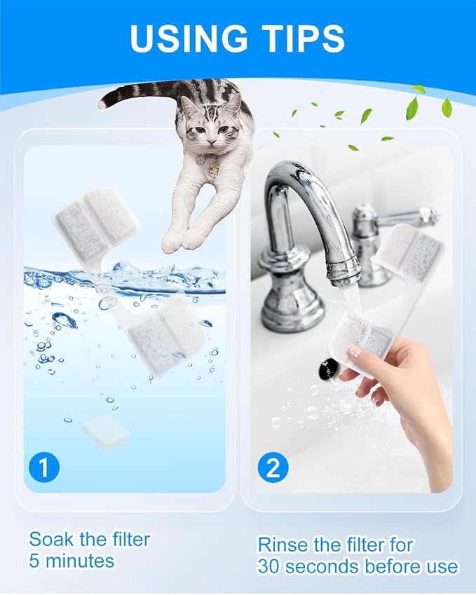 8 + 8 Pack Cat Water Fountain Filter Replacement Compatible with FEELNEEDY Cat Water Fountain FN-W17 3.2L/ 108oz, Cat Fountain Filter, Pet Water Fountain Filters, Filters and Sponges