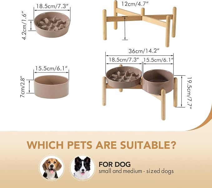 Havniva 7.3” Raised Slow Feeder Dog Bowls Set, 1.2 Cups Ceramic Slow Feeder Dog Bowl and 6.1” Dog Water Bowl with Elevated Wooden Stand Puzzle Dog Food Bowl for Small Dogs Anti-Gulping & Anti-Choking