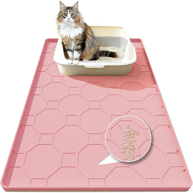 Silicone Cat Litter Mat, 34“ x 22” Waterproof Cat Litter Mats for Floors, Raised Edges Prevent Leaks and Make Cleaning Easy (Pink)