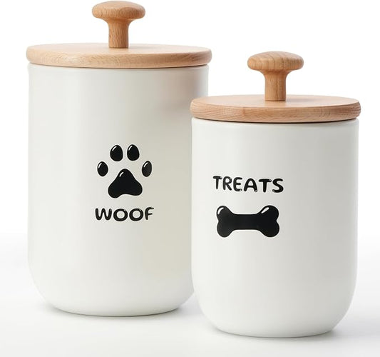 Dog Treat Container Set of 2, Dog treat jar with Airtight Lid, Small dog food container, Dog Cookie Jar for kitchen Counter, Treats Canister, Pet Treat Container 8.3x4.9 & 7.1x4.3 (White)