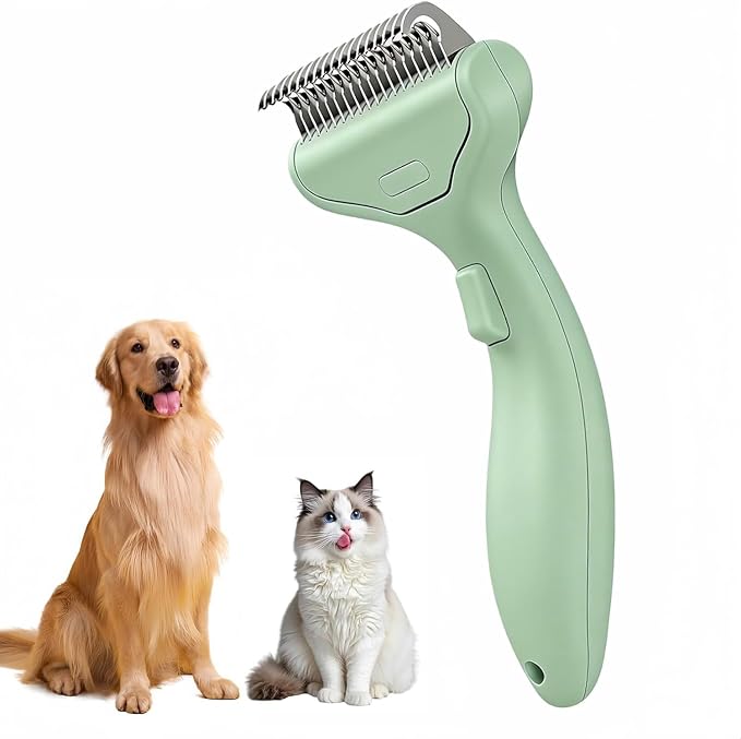 Undercoat Rake for Dogs & Cats, 3-in-1 Skin-Friendly Pet Fur Brush with One-Click Self-Clean Button, Deshedding Dog Brush for Long haired Pets, Cat Comb Removes Matted Fur & Loose Hair (Light-Green)