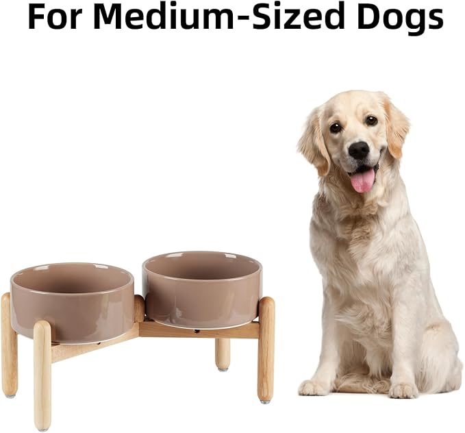 Havniva 7.3inch Ceramic Raised Dog Bowl with Stand, Double Dog Bowls Elevated for Medium Breed Dog Food and Water Bowl Set Non-Slip Dog Dish Large Capacity Feeding Pet Water Bowl