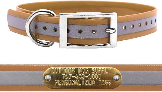 Outdoor Dog Supply 1" Heavy Duty Reflective Waterproof D-Ring Dog Collar for Medium & Large Dogs with 3/4" Custom Brass Nameplate (Reflective Tan, 18")