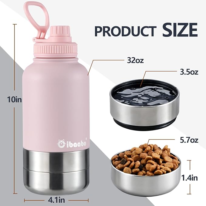 Cibaabo Insulated Dog Water Bottle with 2 Bowls, 32oz Travel Stainless Steel Double Wall Thermos, Portable Pet Dispenser, Gifts for Puppy Small Medium Dogs Walking Hiking and Camping