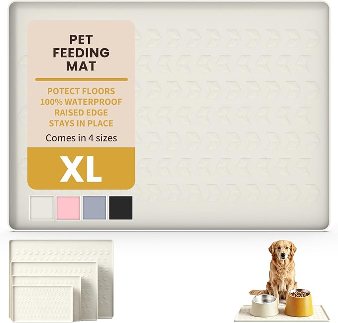 Pet Feeding Mat - 100% Waterproof Dog & Cat Bowl Pad with Raised Edges - Protects Floors from Messy Eaters & Spills - Anti-Slip, 100% PET-Safe, Dishwasher Safe (28"x20"x0.4", Beige)