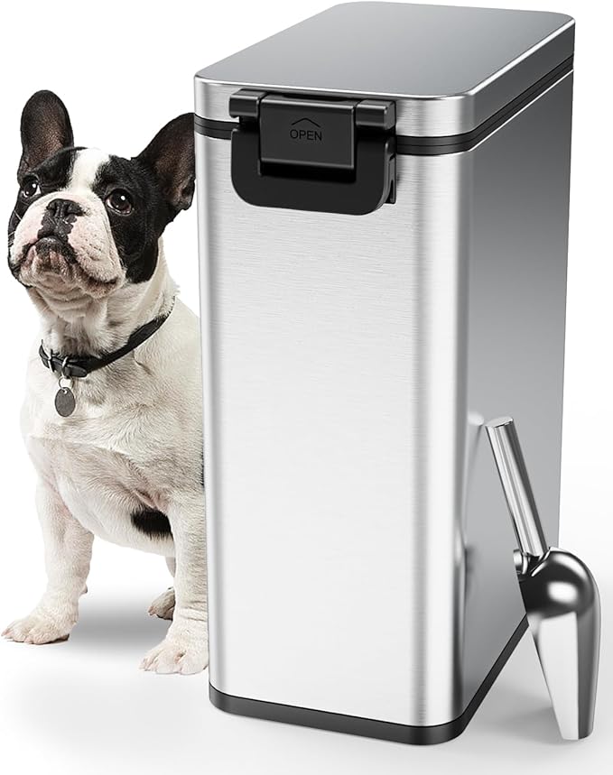 Courpal® Stainless Steel Dog Food Storage Container, 20lb/15lb Pet Food Bin | Dry Pet Food Container with Lids Airtight for Cat Dog Bird, 15L/4 Gal Stackable Metal Large Sealed Animal Food Bin with Scoop
