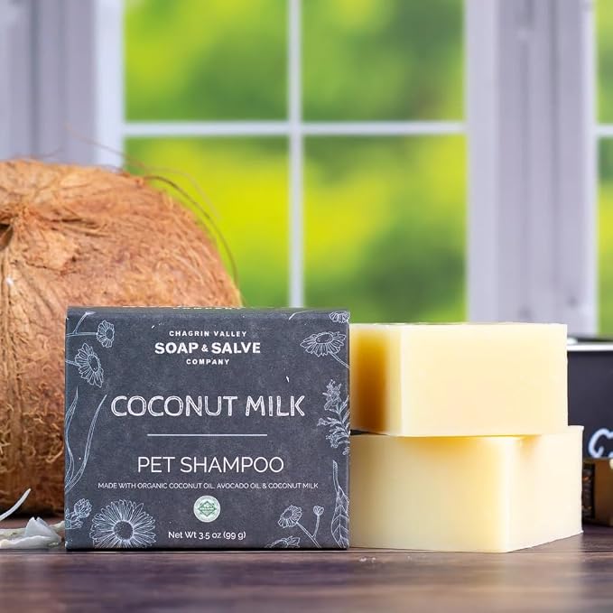 Chagrin Valley Soap & Salve Certified Organic Dog Shampoo and Conditioner – Dog Shampoo Itchy Skin Relief and Puppy Essentials - Natural Handmade Coconut Milk, 3.8 oz Bar