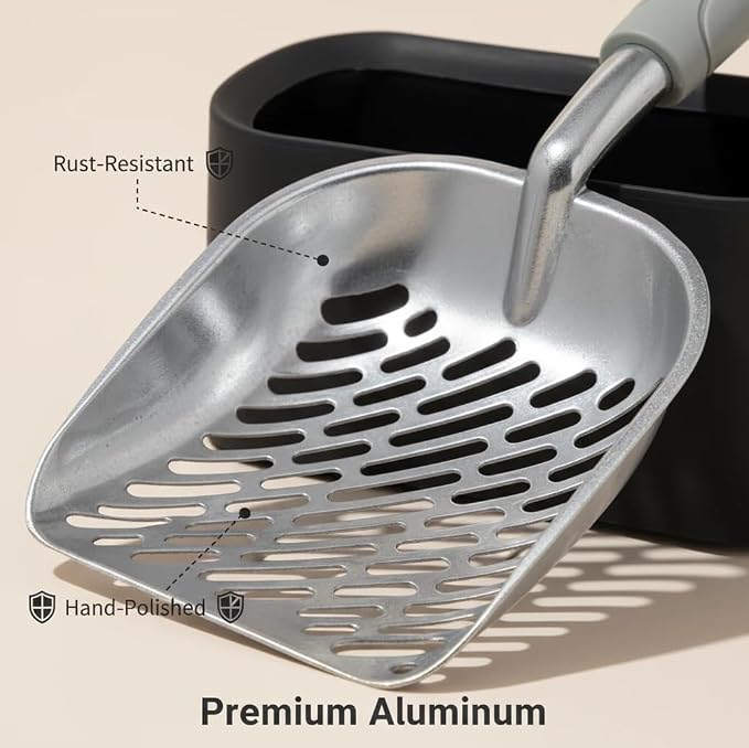 Metal Cat Litter Scoop with Holder, Aluminum Cats Litter Scooper Captures All Clumps, Heavy Duty Metal Kitty Scoopers with Holder, Cat Metal Scoop and Holder (Black) | Metal Cat Litter Scoop with Holder