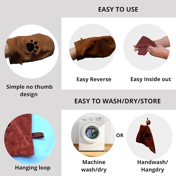 Penny & Niko Microfiber Pet Towel Mitts - Paw Cleaning and Drying Mitts/Gloves for Dogs and Cats (Brown, Standard - 2 Pack)