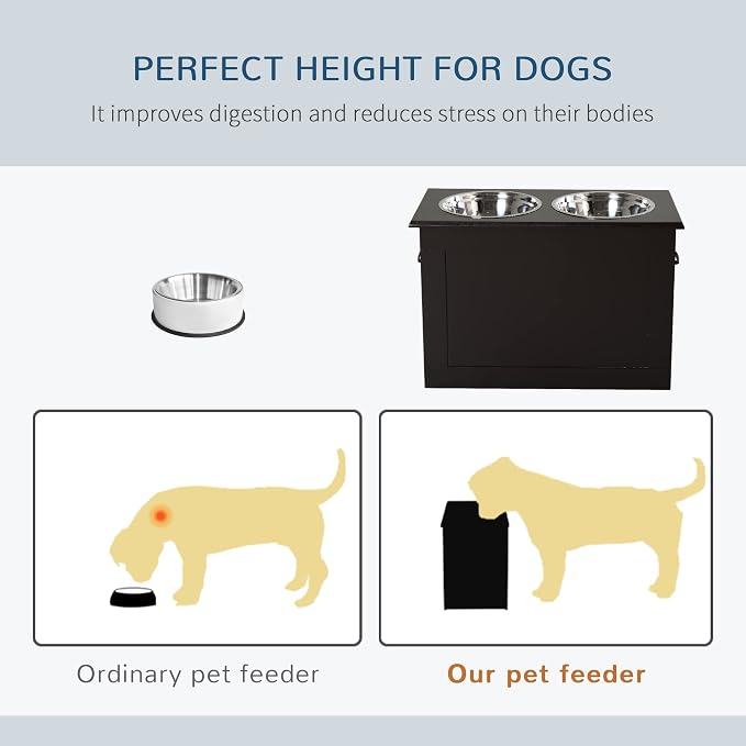 PawHut Raised Pet Feeding Storage Station for Large Dogs, Coffee | with2 Stainless Steel Bowls Base for Other Large Pets