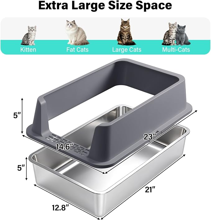 Stainless Steel Litter Box, XL Metal Litter Box with High Sides Lid, Extra Large Cat Litter Boxes for Big Cats, Anti-Urine Leakage, Never Absorbs Odors, Easy Cleaning, Non-Stick, Include Scoop and Mat