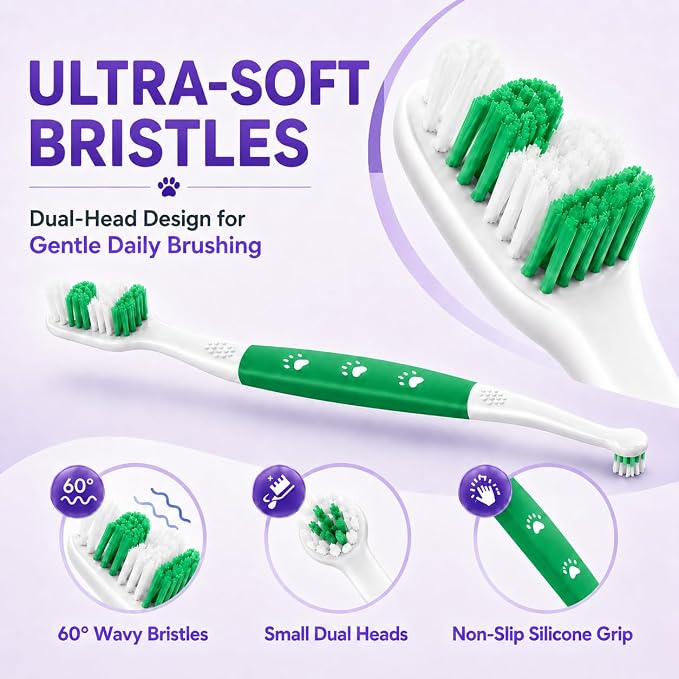 Dog Toothbrush, Dual-Head, for Medium-Large Dogs, Green | Soft Bristles for Gentle Cleaning, 60° Curved Bristles for Better Coverage, Comfortable for Sensitive Gums
