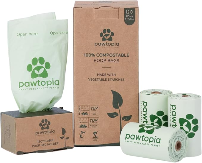 Pawtria Certified Home Compostable Dog Poop Bags (120) + Paper Dispenser, Poop Bags for Dogs, Cat Litter, Vegetable Starches, Dog Waste Bags, Leakproof, Easy to Open, Give Back